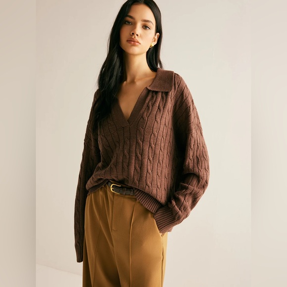 Artizia Sunday Best Brown Collared Merino Wool Cable Knit Polo Sweater L Boxy - Picture 1 of 10